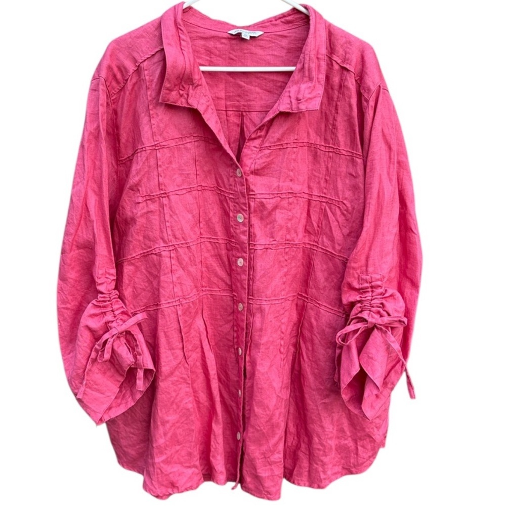 EUC John Mark Linen Ruched Sleeve
Button Front Wired Collar Top Deep Rose 3X